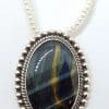 Sterling Silver Large Oval Blue Tiger Eye Pendant on Pearl Chain / Necklace