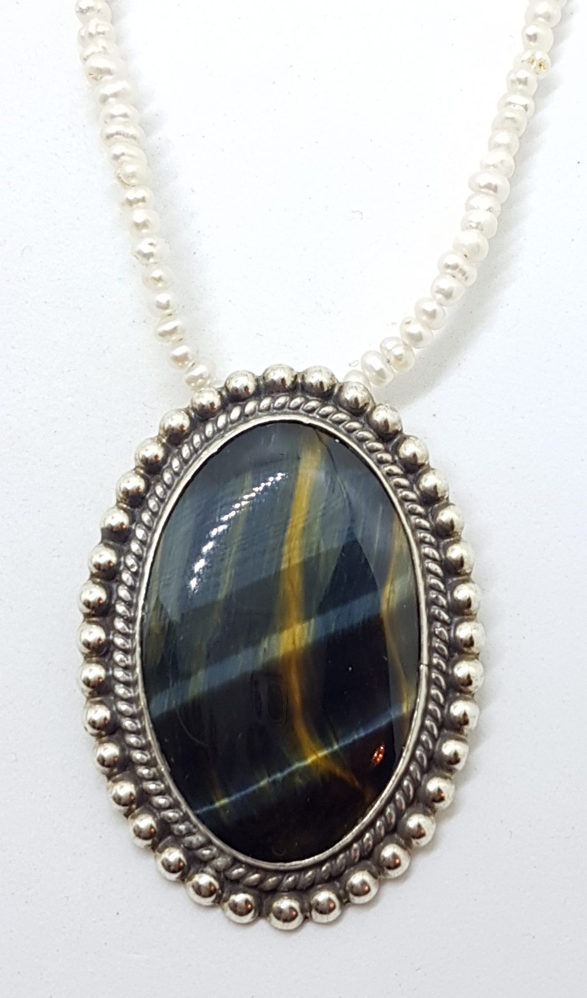 20200828_120749 Sterling Silver Large Oval Blue Tiger Eye Pendant on Pearl Chain / Necklace