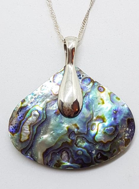 Sterling Silver Round Paua Shell Large Pear Shape Pendant on Silver Chain