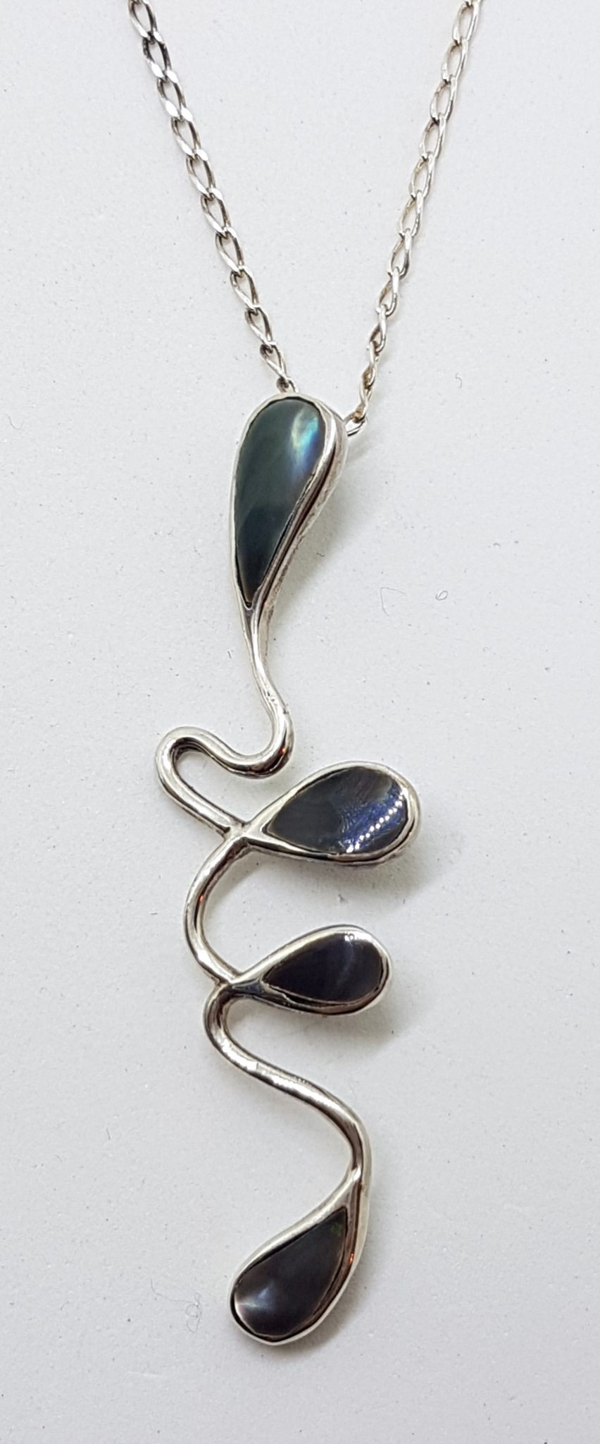 Sterling Silver Long Twist Paua Shell Pendant on Silver Chain