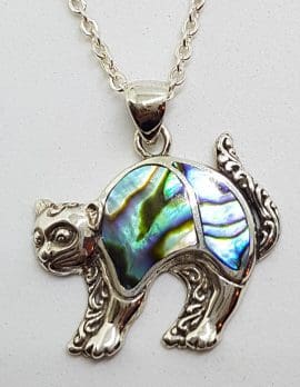 Sterling Silver Paua Shell Ornate Cat Pendant on Silver Chain