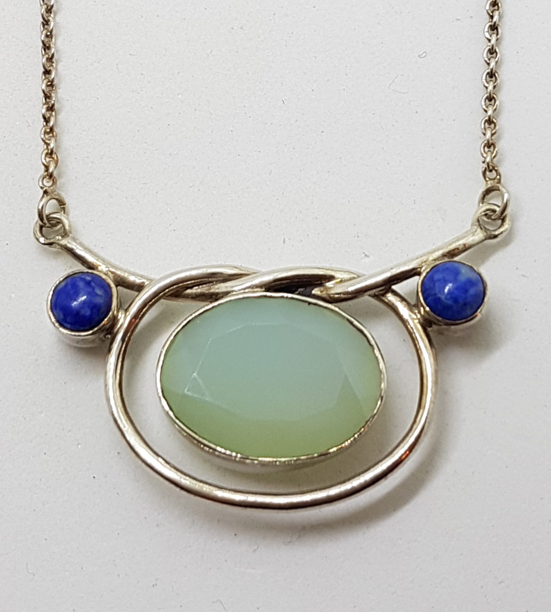 Sterling Silver Large Oval Chalcedony and Lapis Lazuli Necklace