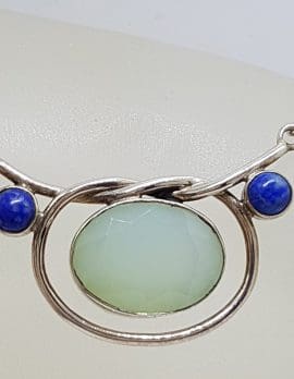 Sterling Silver Large Oval Chalcedony and Lapis Lazuli Necklace