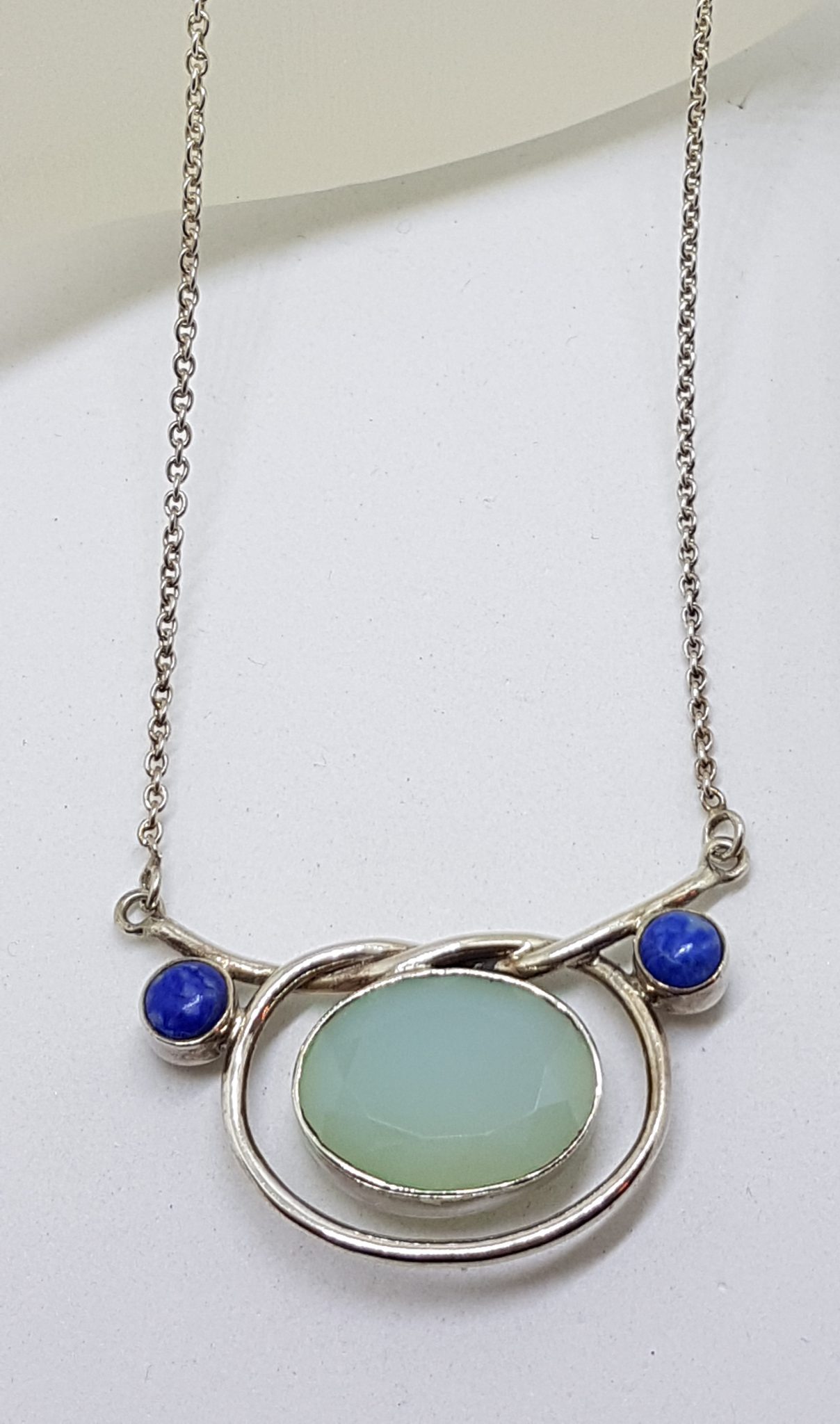 Sterling Silver Large Oval Chalcedony and Lapis Lazuli Necklace
