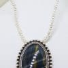 Sterling Silver Large Oval Blue Tiger Eye Pendant on Pearl Chain / Necklace