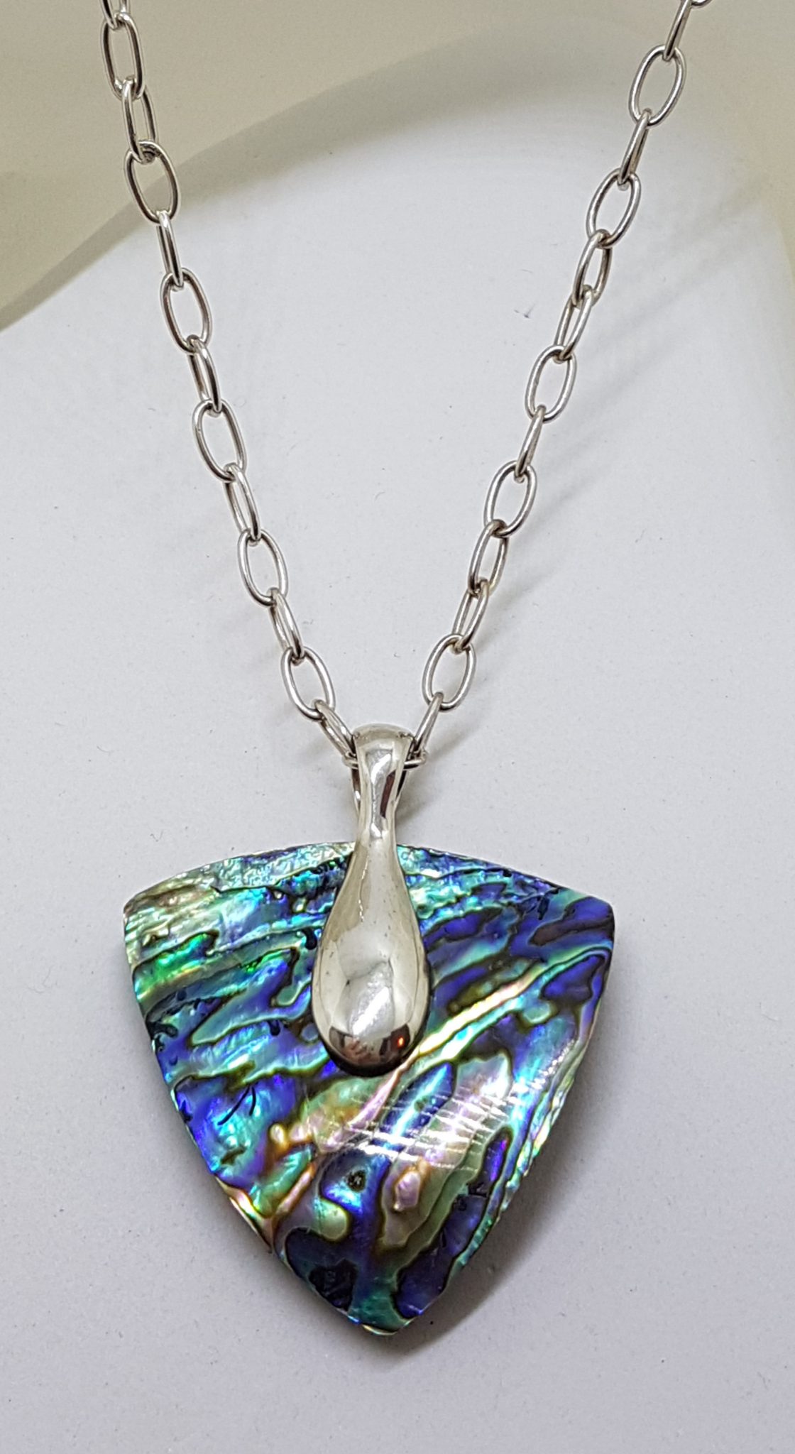 Sterling Silver Large Triangular Paua Shell Pendant on Silver Chain