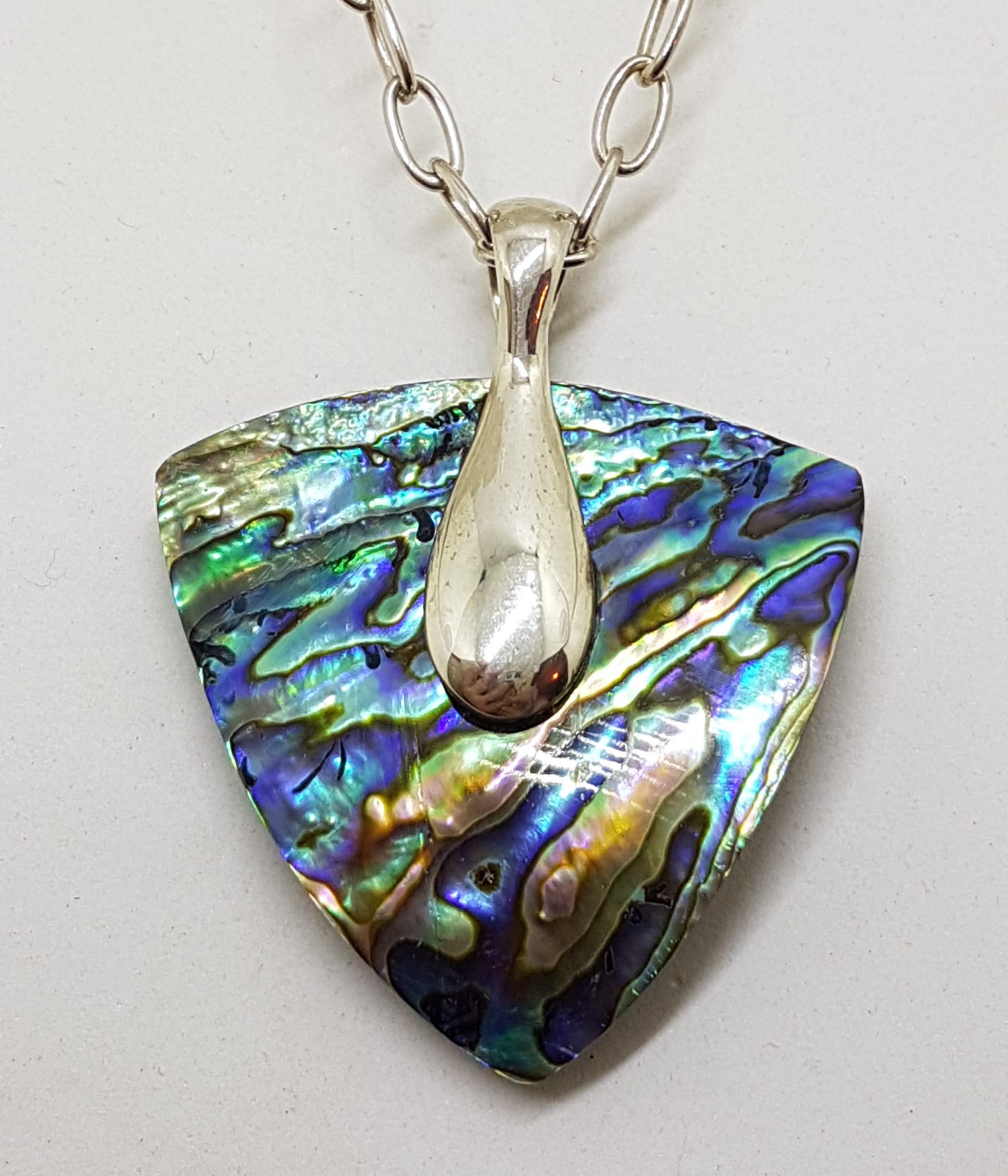 Sterling Silver Large Triangular Paua Shell Pendant on Silver Chain