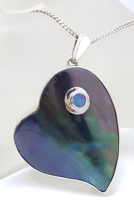 Sterling Silver Large Paua Shell and Opal Heart Pendant on Silver Chain