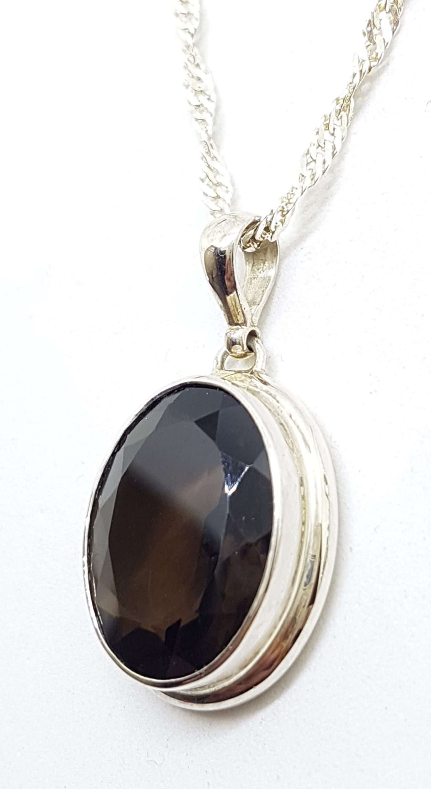 Sterling Silver Oval Bezel Set Smokey Quartz Pendant on Silver Chain