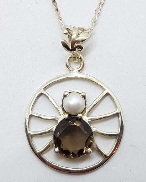 Sterling Silver Smokey Quartz and Pearl Spider Pendant on Silver Chain