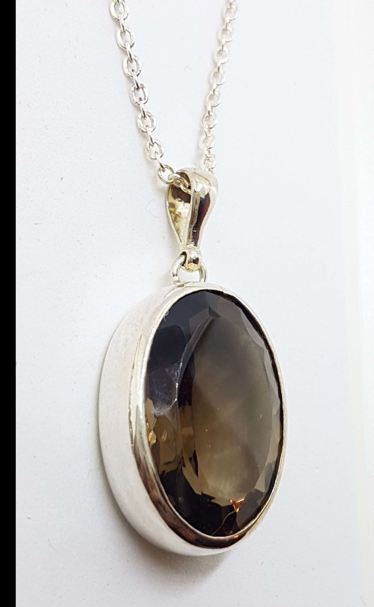 Sterling Silver Oval Bezel Set Smokey Quartz Pendant on Silver Chain