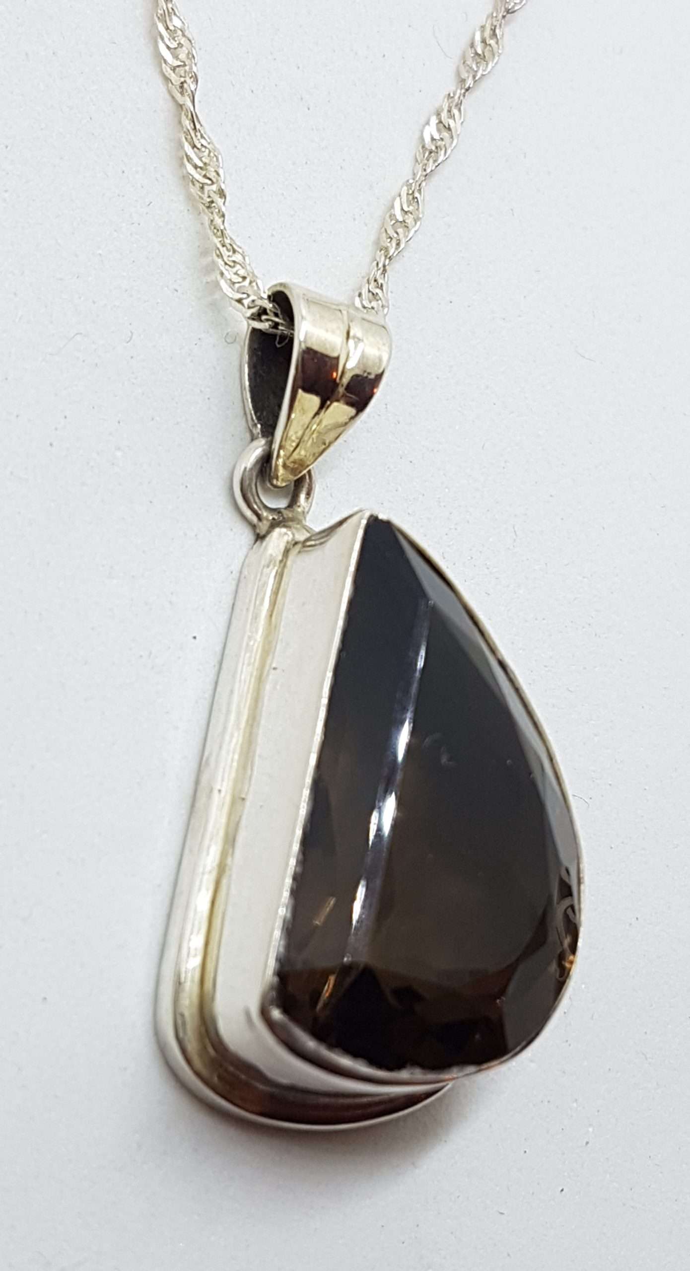 20200829_120209 Sterling Silver Unusual Shape Bezel Set Smokey Quartz Pendant on Silver Chain
