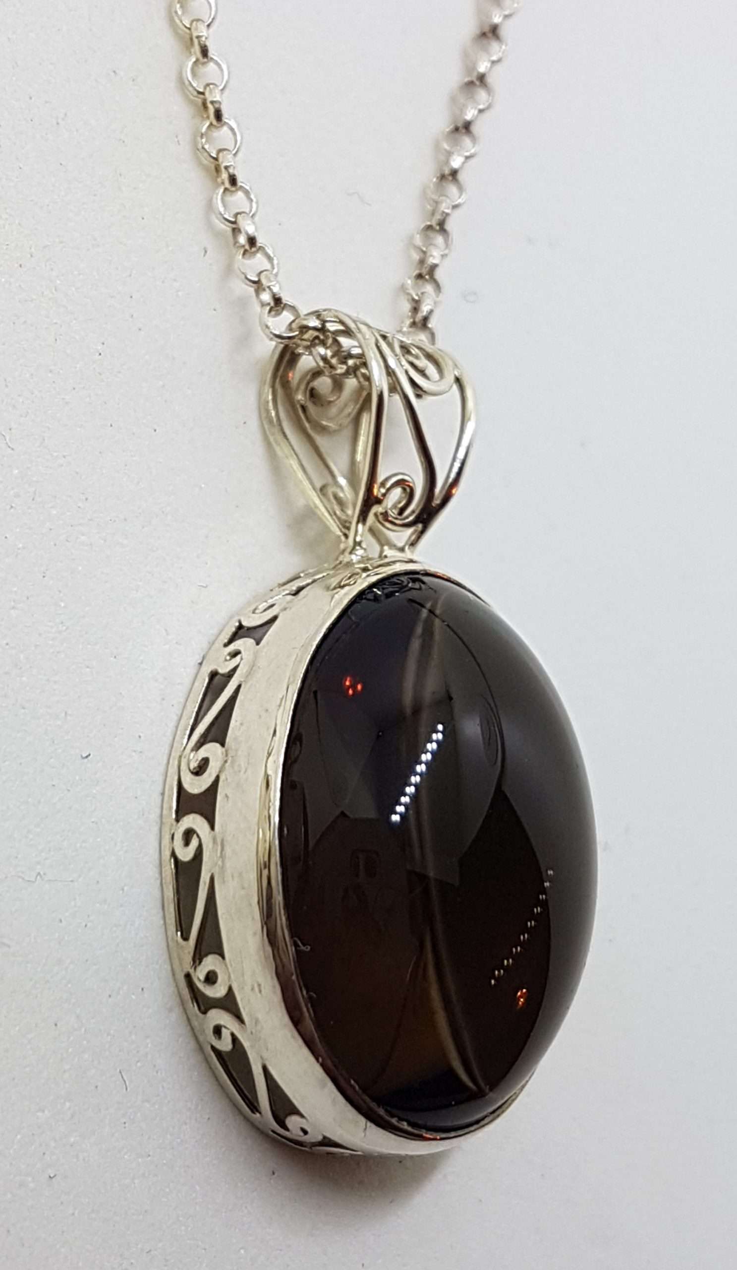 Sterling Silver Oval Bezel Set Cabochon Cut Smokey Quartz Ornate Sides Pendant on Silver Chain