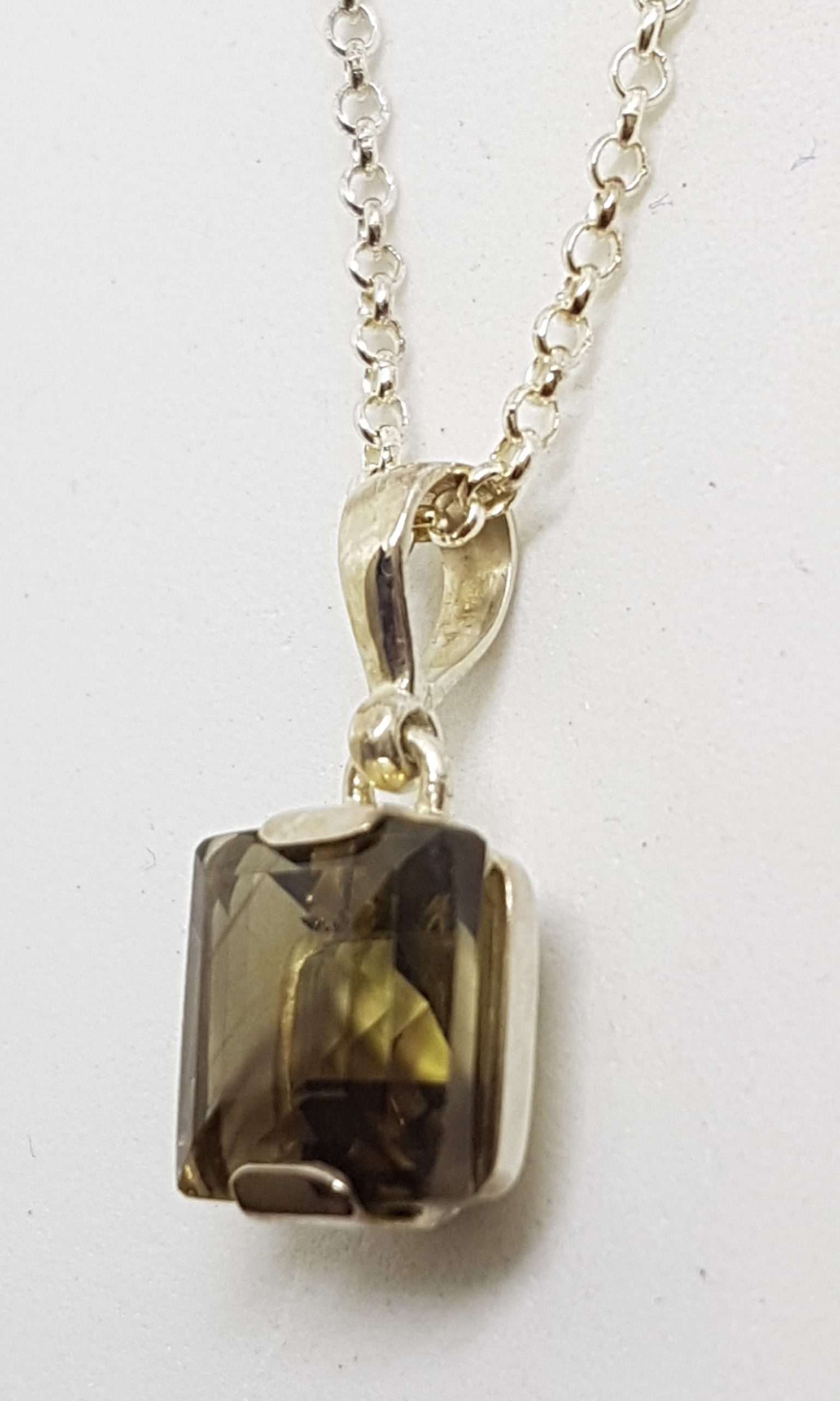 Sterling Silver Square Smokey Quartz Pendant on Silver Chain