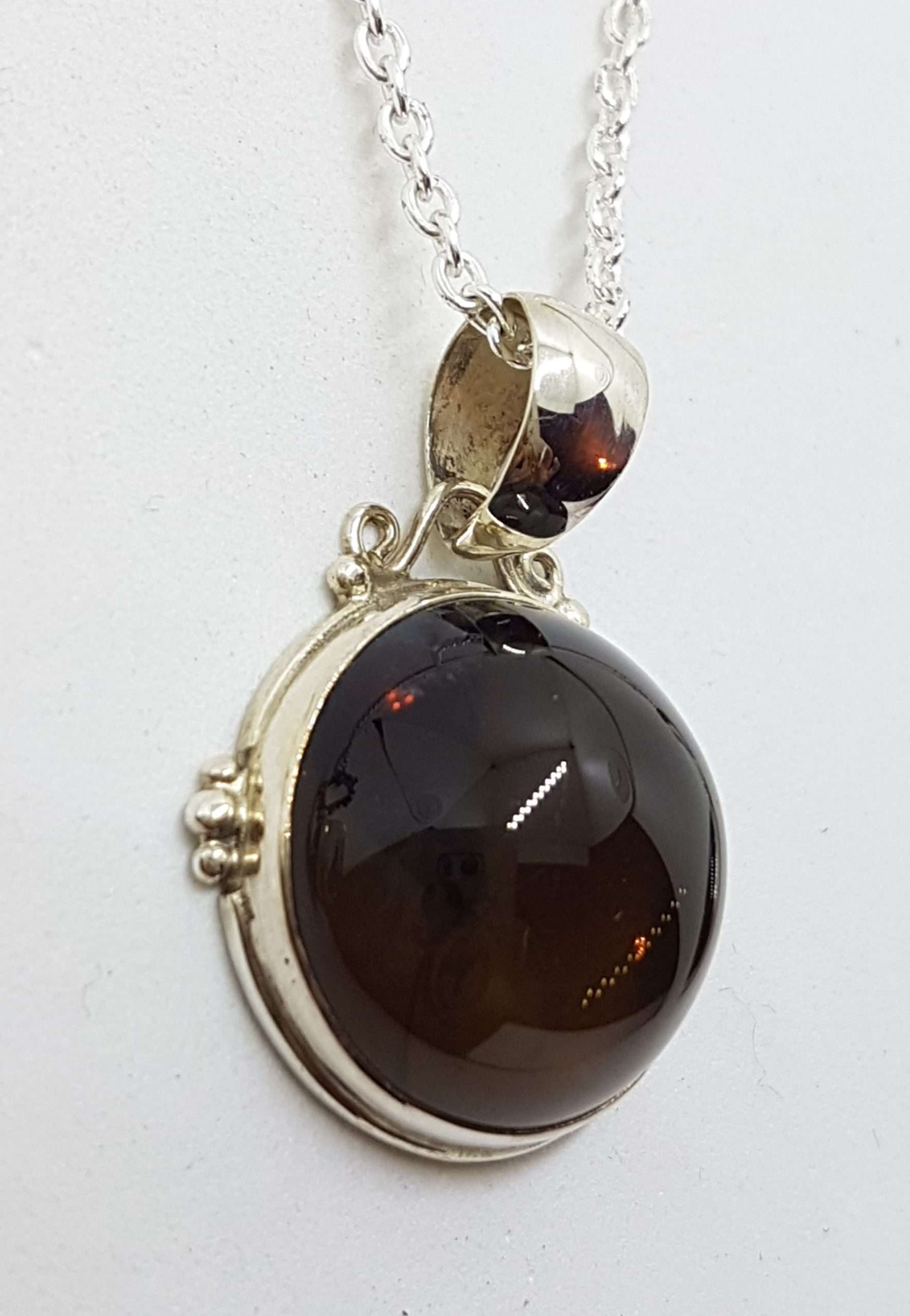 Sterling Silver Round Bezel Set Cabochon Cut Smokey Quartz Pendant on Silver Chain