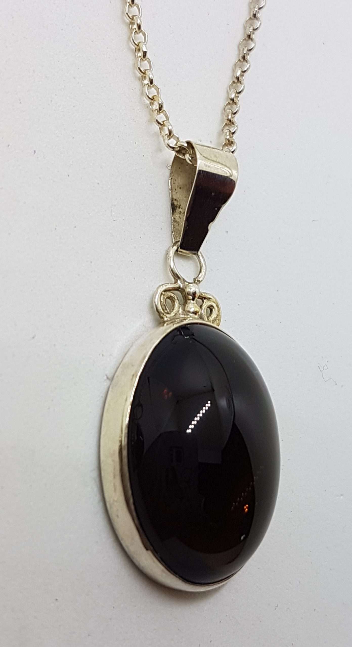 Sterling Silver Oval Ornate Top Bezel Set Cabochon Cut Smokey Quartz Pendant on Silver Chain