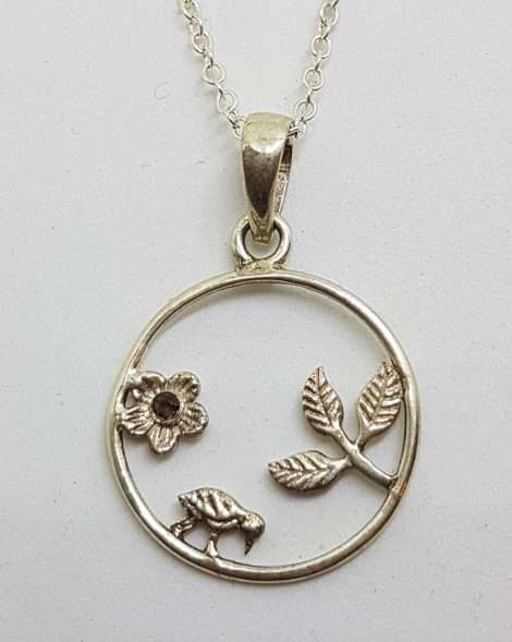 Sterling Silver Ornate Round Smokey Quartz Pendant With Bird, Flower and Leaves Design in Circle on Silver Chain