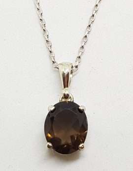 Sterling Silver Oval Claw Set Smokey Quartz Pendant on Silver Chain