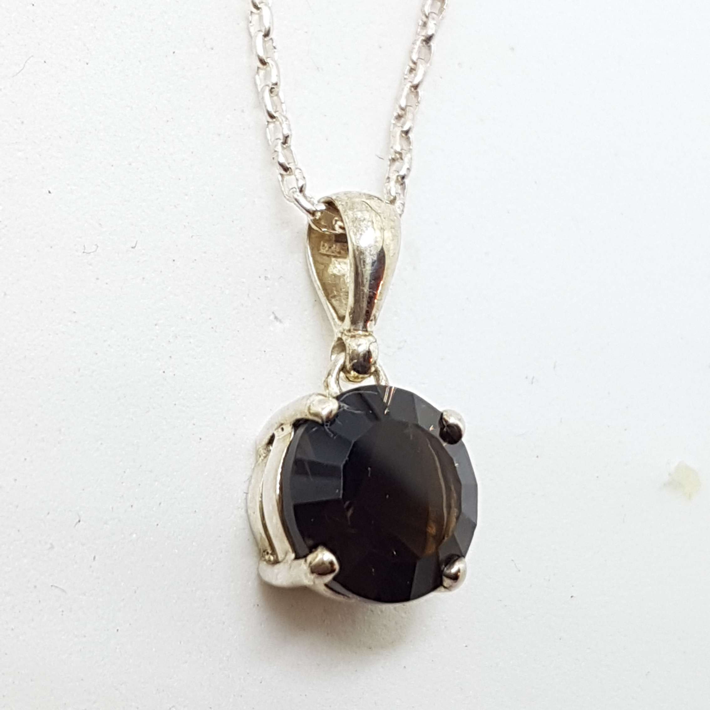 Sterling Silver Round Laser Cut Smokey Quartz Pendant on Silver Chain