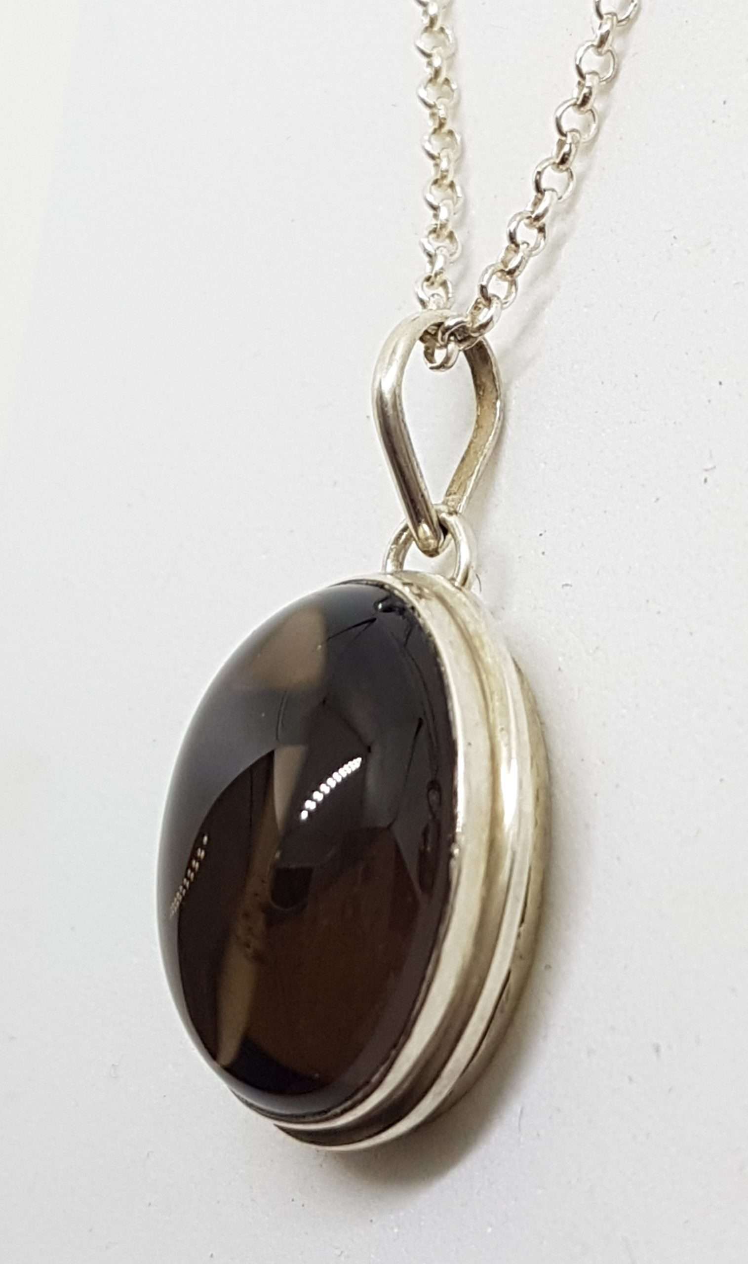 Sterling Silver Oval Bezel Set Cabochon Cut Smokey Quartz Pendant on Silver Chain