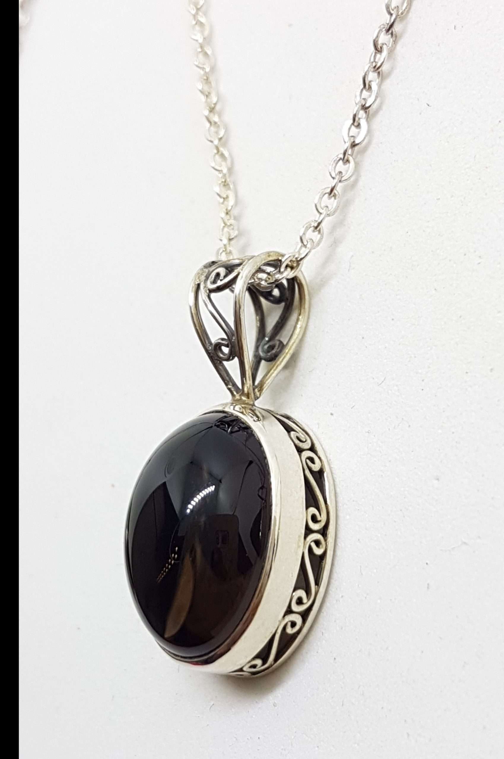 Sterling Silver Oval Ornate Top Bezel Set Cabochon Cut Smokey Quartz Pendant on Silver Chain
