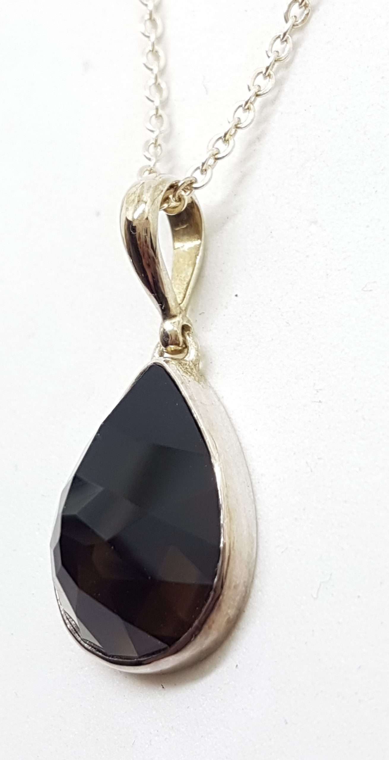 Sterling Silver Pear Shape / Teardrop Smokey Quartz Pendant on Silver Chain