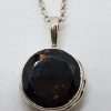 Sterling Silver Round with Ornate Sides Smokey Quartz Pendant on Silver Chain