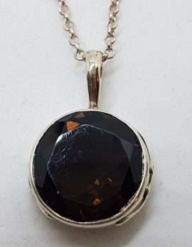 Sterling Silver Round with Ornate Sides Smokey Quartz Pendant on Silver Chain