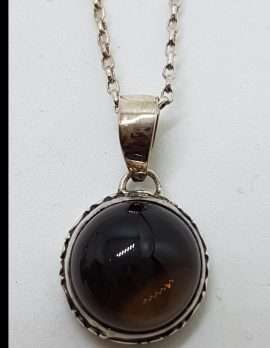 Sterling Silver Round Cabochon Cut with Ornate Sides Smokey Quartz Pendant on Silver Chain
