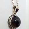 Sterling Silver Round Cabochon Cut with Ornate Sides Smokey Quartz Pendant on Silver Chain