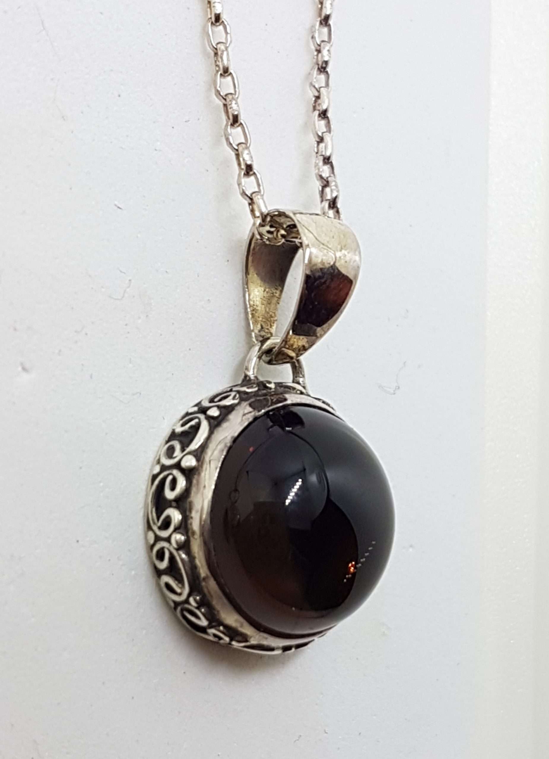 Sterling Silver Round Cabochon Cut with Ornate Sides Smokey Quartz Pendant on Silver Chain