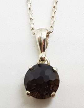Sterling Silver Round Unusual Faceted Smokey Quartz Pendant on Silver Chain
