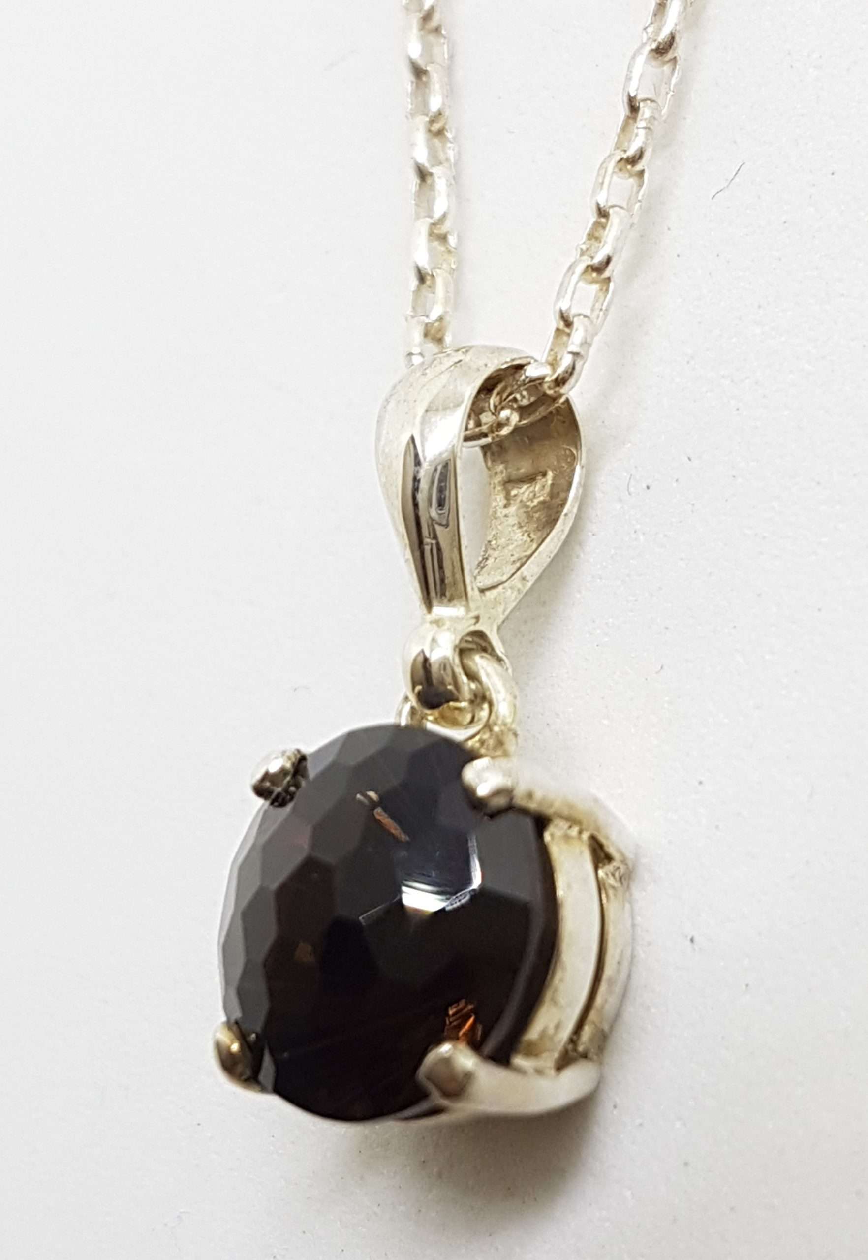 20200829_121309 Sterling Silver Round Unusual Faceted Smokey Quartz Pendant on Silver Chain