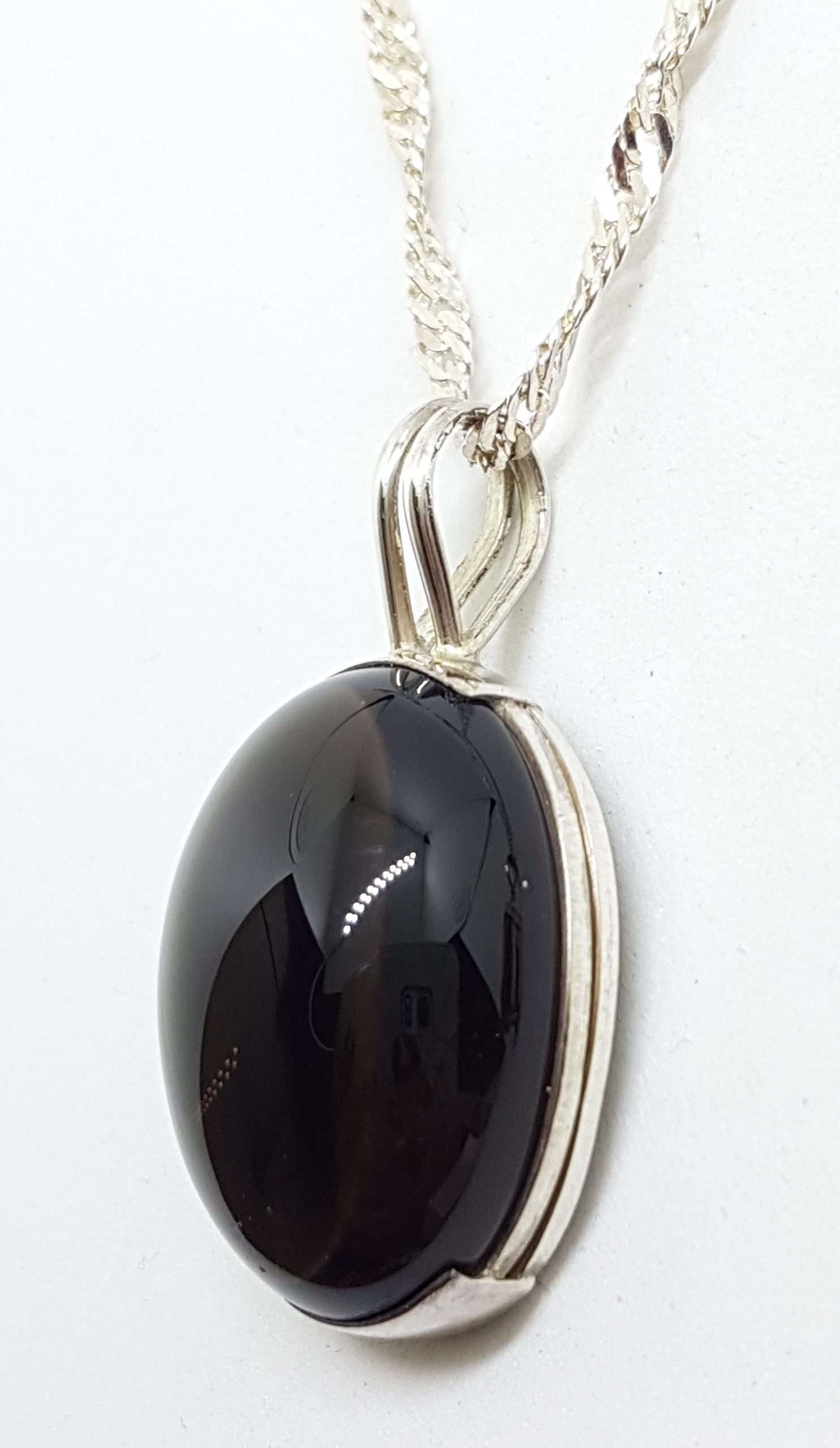 Sterling Silver Oval Cabochon Cut Smokey Quartz Pendant on Silver Chain