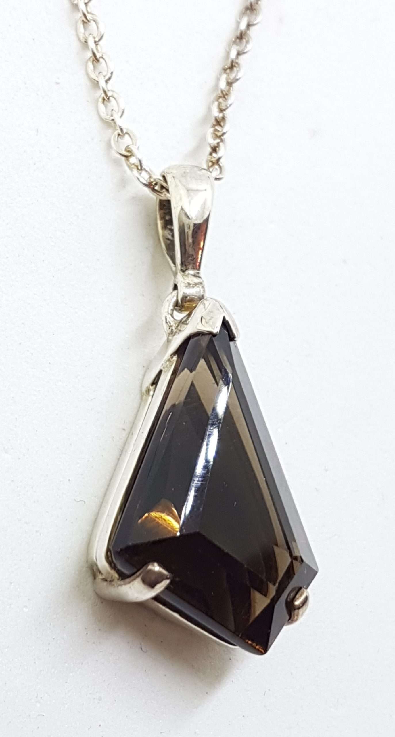 Sterling Silver Large Unusual Shape Smokey Quartz Pendant on Silver Chain