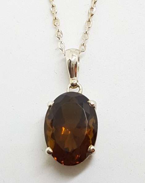 Sterling Silver Oval Claw Set Smokey Quartz Pendant on Silver Chain
