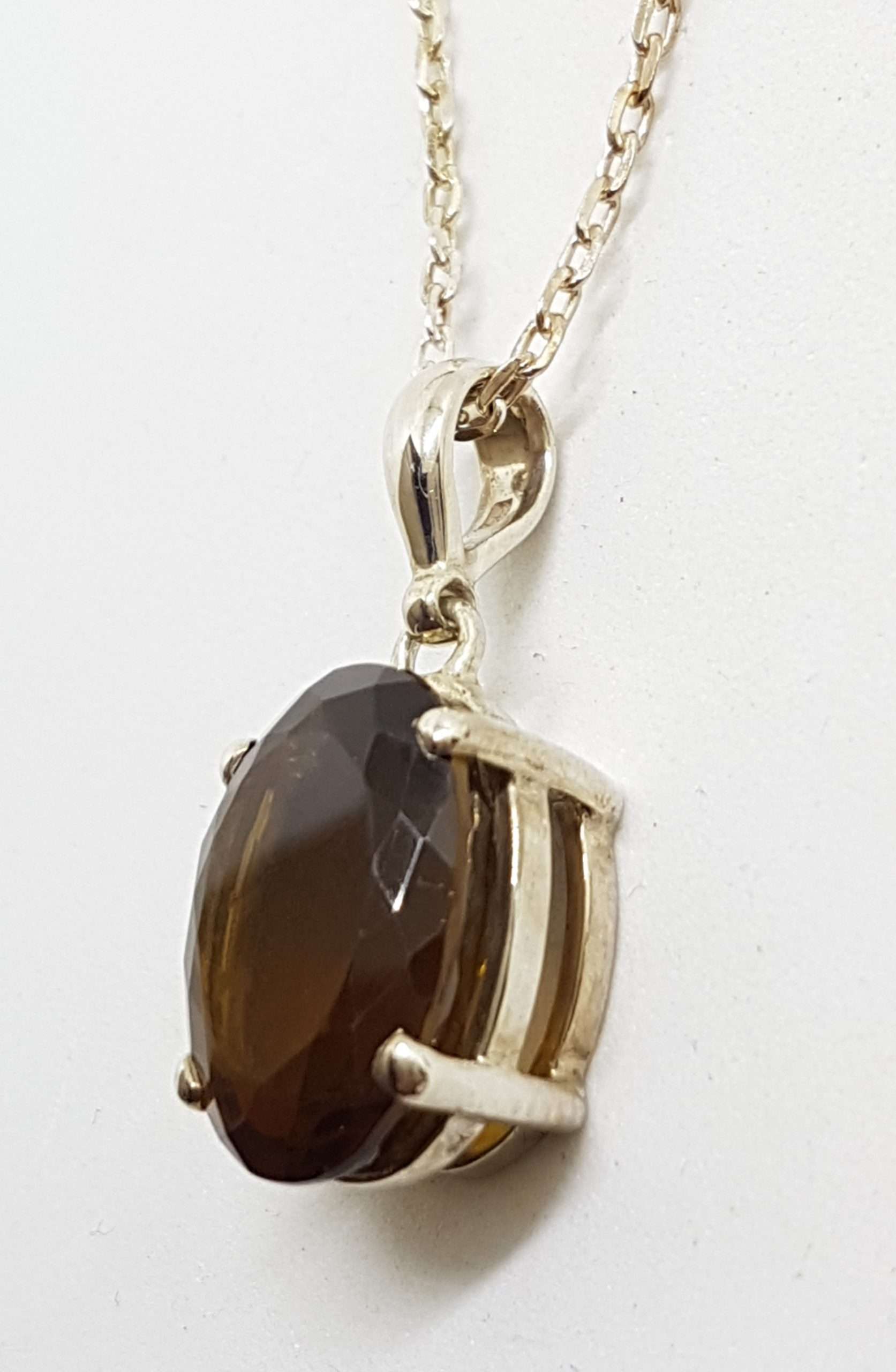 Sterling Silver Oval Claw Set Smokey Quartz Pendant on Silver Chain