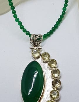 Sterling Silver Very Large and Long Marquis Shape Green Agate with Citrine Pendant on Green Agate Bead Chain / Necklace