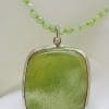 Sterling Silver Large Rectangular Green Pendant on Green Bead Chain / Necklace