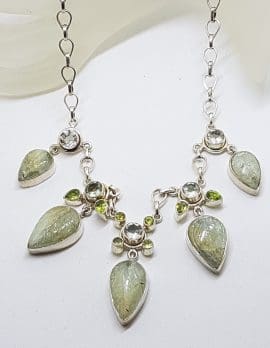 Sterling Silver Green Carved Prehnite Leaves with Ornate Set Peridot and Green Amethyst/ Prasiolite Chain Necklace
