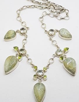 Sterling Silver Green Carved Prehnite Leaves with Ornate Set Peridot and Green Amethyst/ Prasiolite Chain Necklace