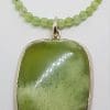 Sterling Silver Large Rectangular Green Pendant on Green Bead Chain / Necklace
