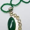 Sterling Silver Very Large and Long Marquis Shape Green Agate with Citrine Pendant on Green Agate Bead Chain / Necklace