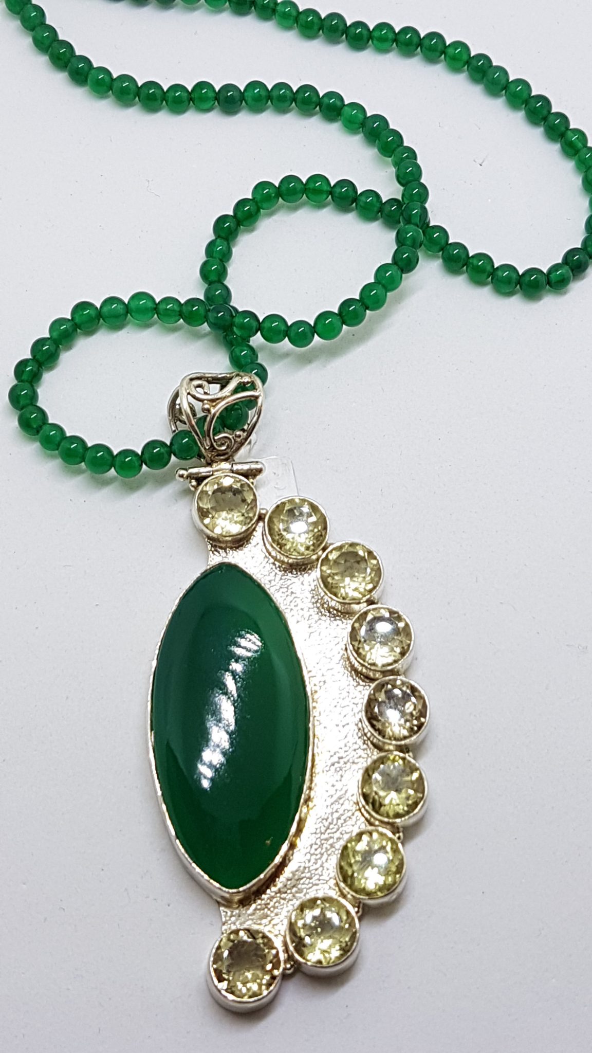 20200831_125848 Sterling Silver Very Large and Long Marquis Shape Green Agate with Citrine Pendant on Green Agate Bead Chain / Necklace
