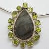 Sterling Silver Large Teardrop Pear Shape Labradorite surrounded by Peridot Pendant on Silver Choker Chain Necklace