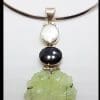 Sterling Silver Large Carved Jade Flower with Smokey Quartz and Pearl Pendant on Silver Choker Chain Necklace