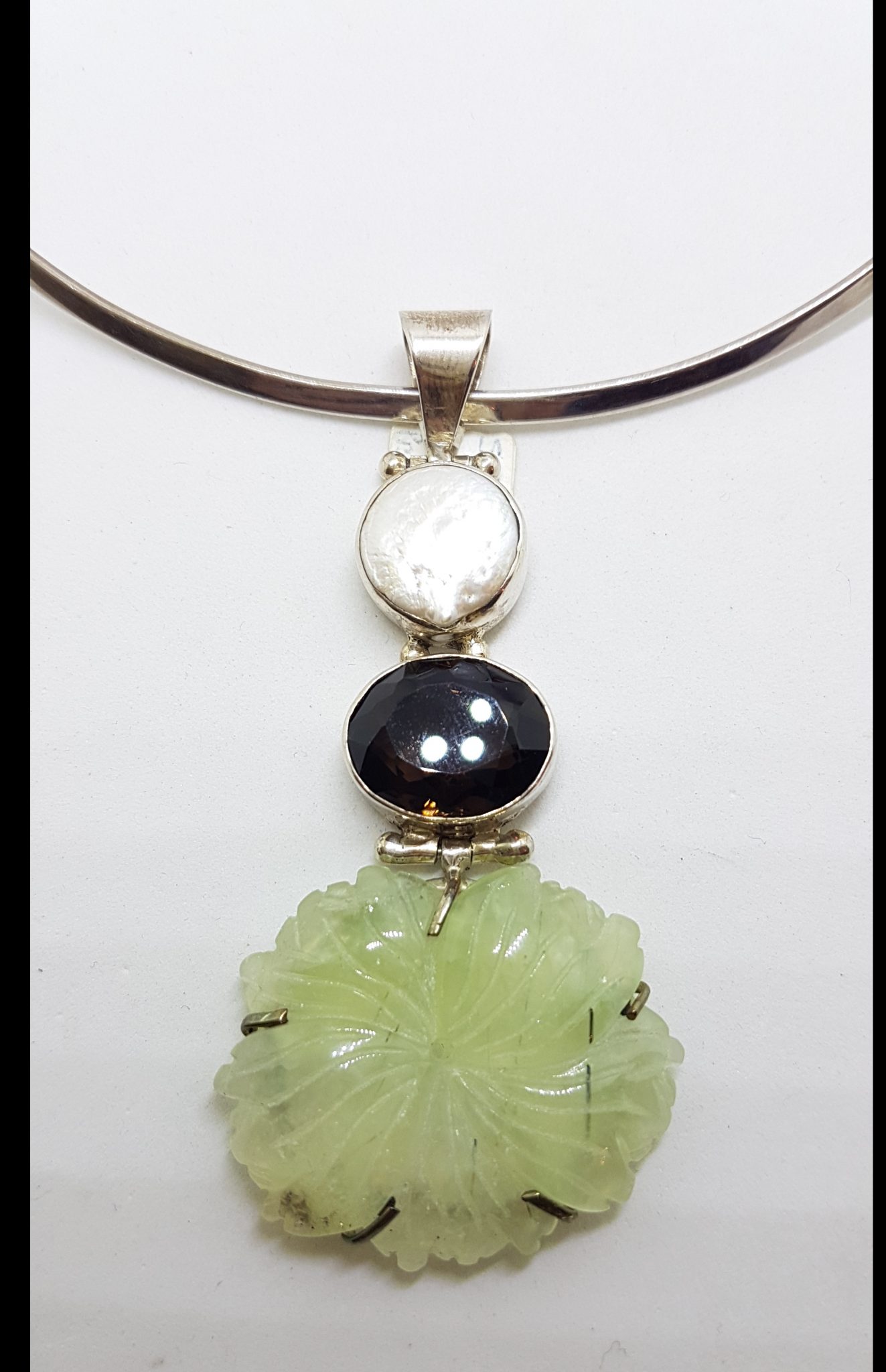 Sterling Silver Large Carved Jade Flower with Smokey Quartz and Pearl Pendant on Silver Choker Chain Necklace