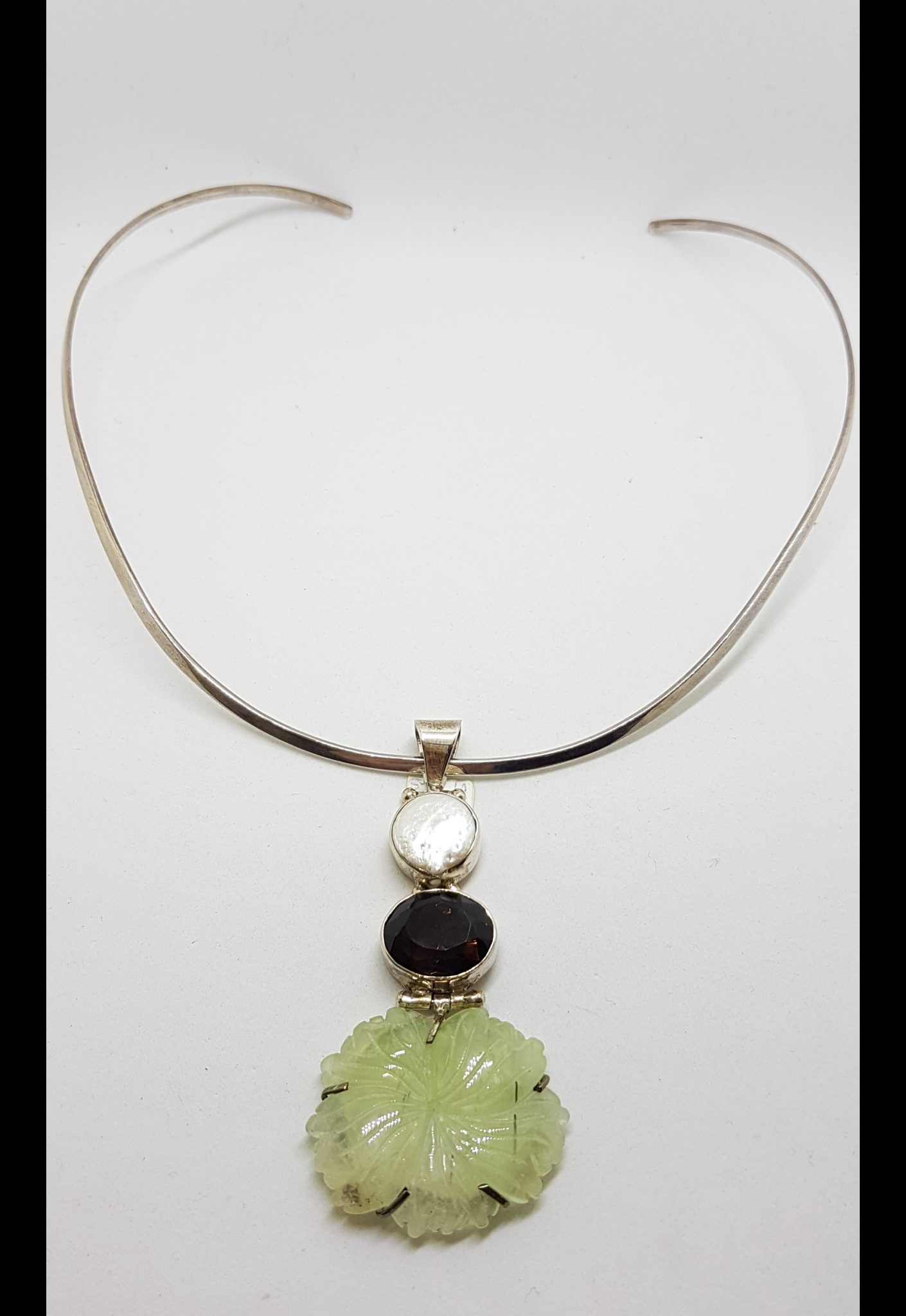 Sterling Silver Large Carved Jade Flower with Smokey Quartz and Pearl Pendant on Silver Choker Chain Necklace
