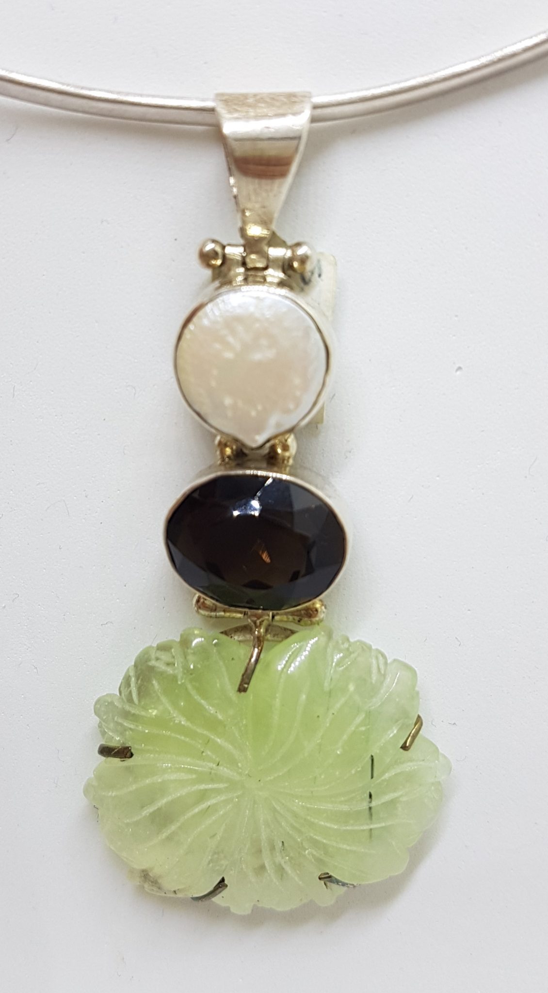 Sterling Silver Large Carved Jade Flower with Smokey Quartz and Pearl Pendant on Silver Choker Chain Necklace