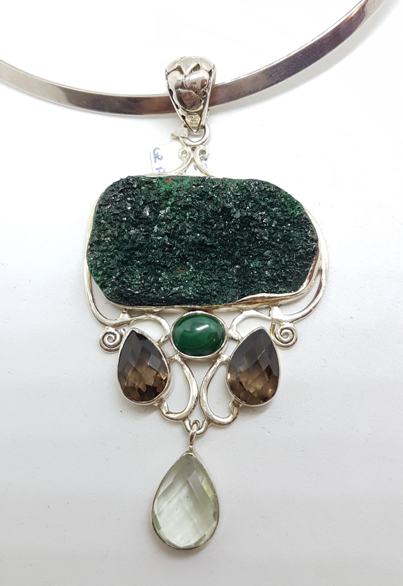 20200831_130027 Sterling Silver Large Ornate Malachite, Clear Crystal Quartz and Smokey Quartz Ornate Pendant on Silver Choker Chain Necklace